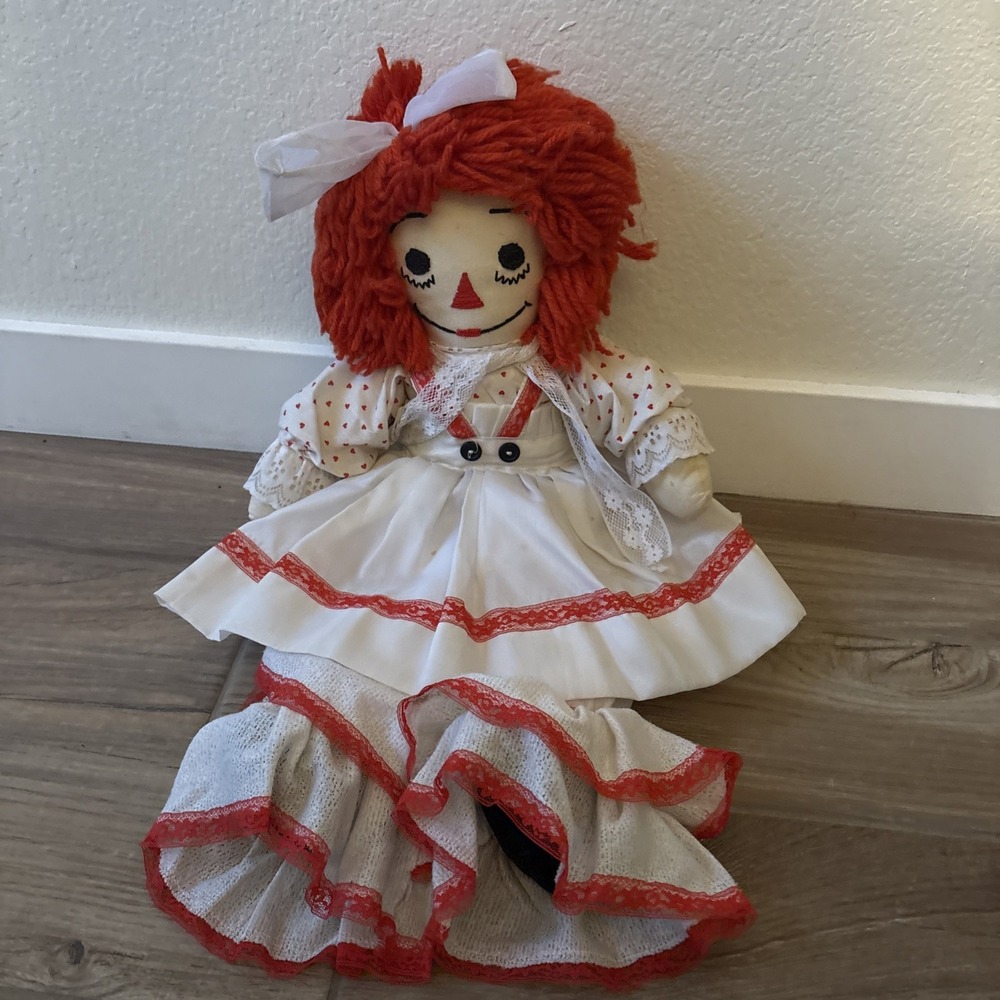 Vintage Raggedy Ann Doll 26 Inch Large Rag Cloth Doll Red Yarn Hair Heart Dress
